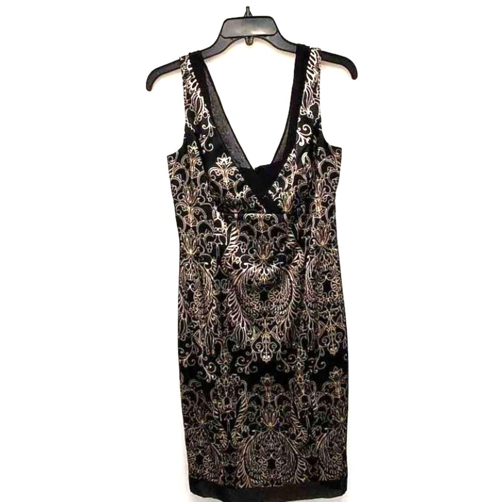 Jones New York Metallic Gold Black Damask V-Neck Sheath Dress 10